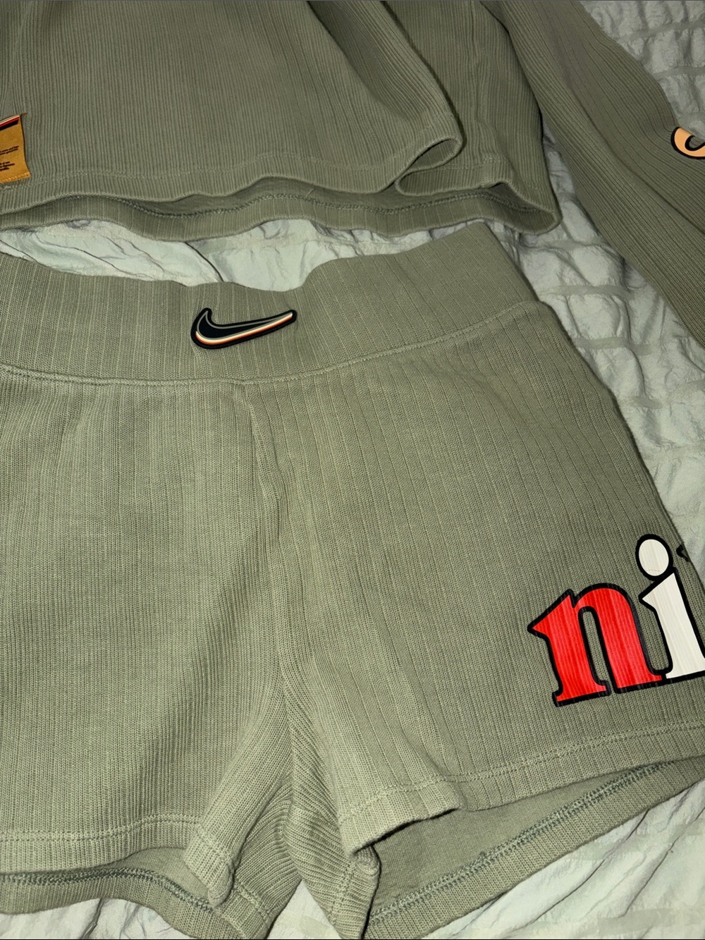 Nike Olive Green Ribbed Hoodie & Shorts Set - Picture 4 of 14